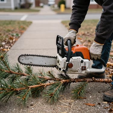 Close-up of gloved hands holding a chainsaw, clearing a fallen pine branch from a neighborhood sidewalk, overcast daylight, earthy tones, shallow depth of field.