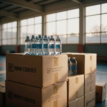 Candid shot of stacked cardboard boxes of emergency supplies and bottled water inside a local gymnasium, warm golden hour light filtering through high windows.