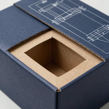 Technical CAD drawing of a custom die-cut corrugated box layout, clean vector-like industrial schematic