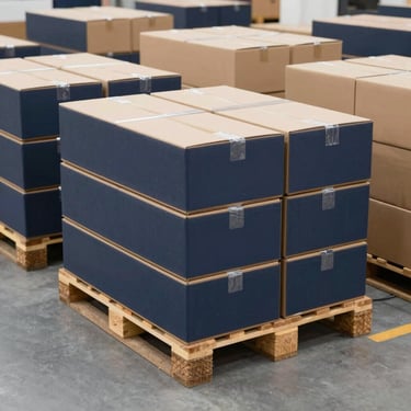 Wide-angle clean warehouse floor showing neatly stacked pallets of export packaging boxes ready for international shipping
