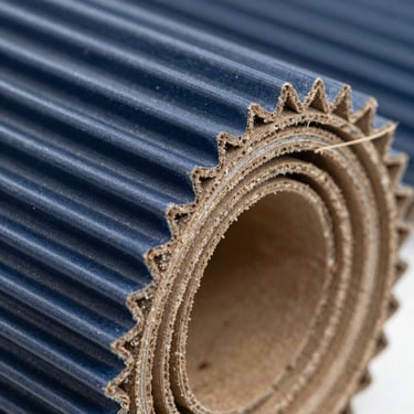 Macro detail of heavy-duty 7-ply triple-wall corrugated fluting, technical lighting, raw kraft and cool blue tones