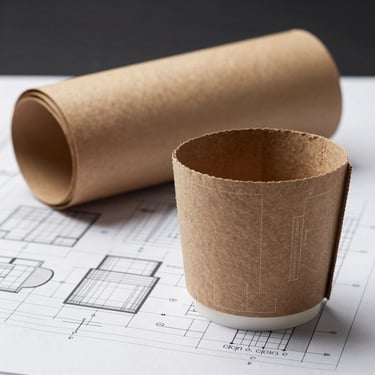 Flat-lay technical blueprint of the unrolled 300g Kraft coffee cup sleeve, showing designated branding zones, vector lines, high-contrast studio lighting
