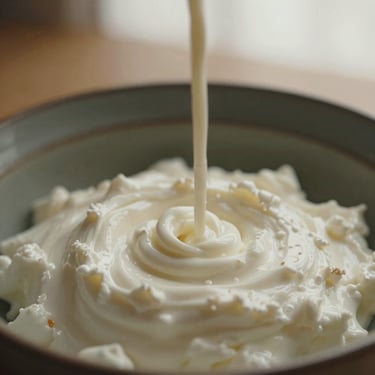 Macro close-up of fresh creamy goat milk pouring into a dark ceramic bowl, soft natural morning light, warm tones