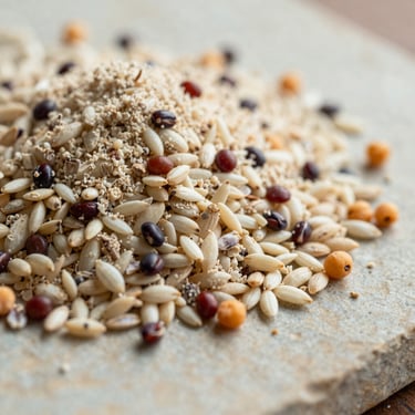 Macro close-up of textured ground rice flour, red lentil, and chana dal grains mixed together on a light stone plate