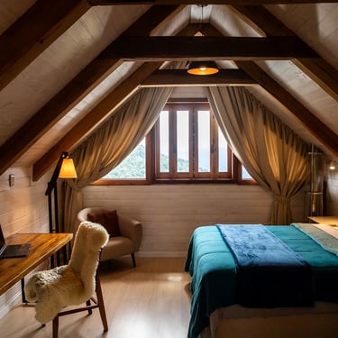 Quarto arquitetura madeira na cabana de altitude Wolken Haus com espaço trabalho workspace e cama queen size