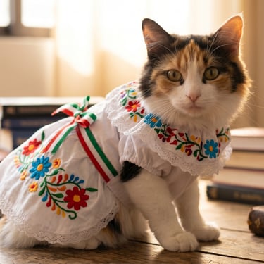 Gato con vestido bordado típico mexicano, ropa para gatos colección de septiembre, diseño artesanal