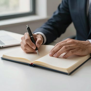 Tight close-up on a confident professional's hands resting on an open notebook at a clean desk, pen set aside, natural window light from the left, suggesting a completed conversation and a decision made