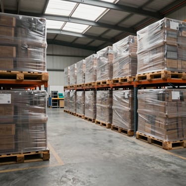Bright, neutral daylight photograph of an organized commercial warehouse bay in Australia, clean concrete floors, neatly stacked logistics pallets under a natural skylight.