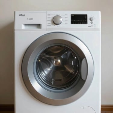 Front-on shot of a clean, modern washing machine against a neutral studio background, bright natural lighting.