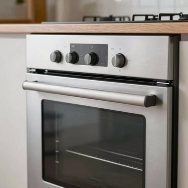 Close-up of a clean built-in electric oven, showing pristine glass door and dial controls, professional workshop lighting.