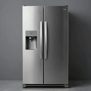 Front-on shot of a sleek tall fridge freezer with stainless steel finish, doors closed, neutral background.