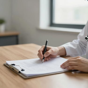A clean professional setting with soft natural window light, an organized medical file on a wooden table, professional hands resting on it, high-trust corporate editorial style.
