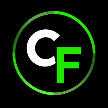 Modern CF initials logo with white and green letters inside a circular neon gradient frame.