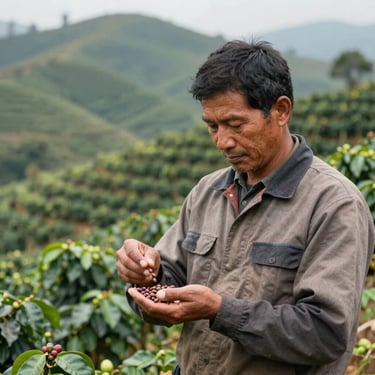 A coffee farmer inspecting beans with pride, dressed in professional field attire, set against the rolling hills of a plantation.