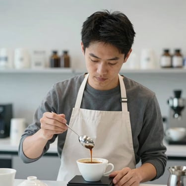 A portrait of a professional coffee taster in a modern lab, wearing a clean apron, holding a cupping spoon, reflecting expertise and reliability. Brand colors #5D4037 and #F5EFE6 present.