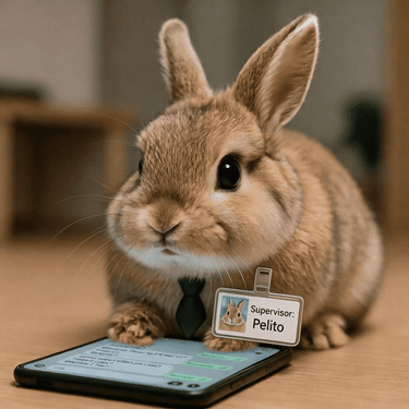 Un adorable conejito marrón, que parece ser un supervisor, lleva corbata y una tarjeta de identifica