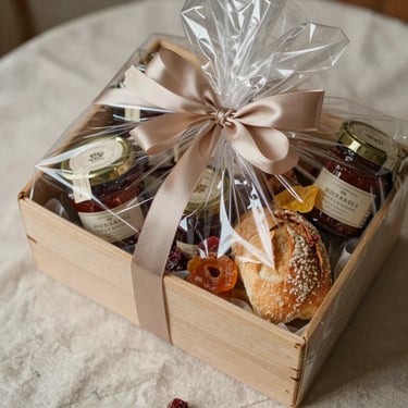 Overhead close-up of a wrapped gift basket open at the top — artisanal jams, a small loaf of bread, dried fruits, chocolates, and a ribbon, arranged on a linen surface in soft north-facing daylight