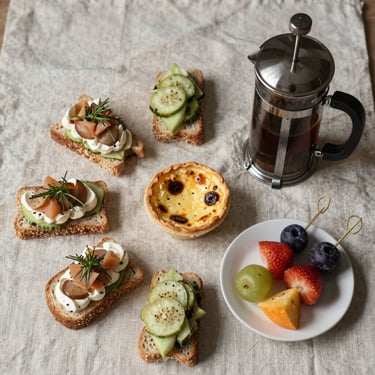 Close overhead flatlay of a curated coffee break setup — small sandwiches, mini quiches, fruit skewers, and a French press on a linen runner, soft north-facing daylight, muted neutral tones