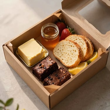 Overhead flatlay of a colonial breakfast box — artisanal butter, a small jar of honey, sliced pão de queijo, brownie squares, fresh fruit, and folded kraft paper inside a wooden crate, soft golden morning light