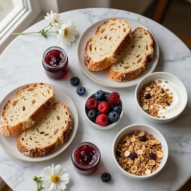 Overhead flatlay of a brunch spread — brioche slices, fresh berries, small jars of jam, a bowl of granola with yogurt, and blooming flowers at the edge, soft natural window light on a marble surface