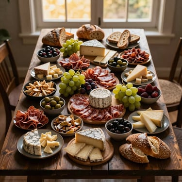 Wide overhead flatlay of a full gourmet table set for an intimate gathering — charcuterie, artisanal cheeses, grapes, olives, antipasti bowls, and fresh bread arranged on a dark wood surface under golden-hour window light