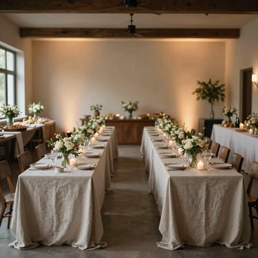 Wide angle of an intimate event space set before guests arrive — long table with linen runner, candles, small floral arrangements, and styled food stations at each end, soft warm ambient light, no people