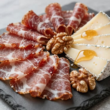 Close-up detail of a charcuterie board — layers of cured meats, soft cheeses, cornichons, walnuts, and honey drizzle on a slate surface, soft diffused daylight from the side