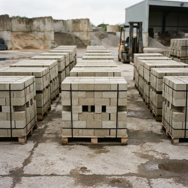 Industrial editorial photography, natural overcast daylight, raw concrete textures, neatly stacked pallets of precise grey eco bricks in a manufacturing yard, straight-on geometric composition, 35mm.