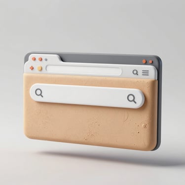 Soft clay-textured 3D illustration of a floating browser window with a search bar, gentle diffuse lighting, isolated on a light gray background