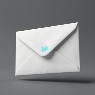 Soft clay 3D render of a clean floating envelope with a subtle cyan stamp, minimal style, white and gray with soft shadow.