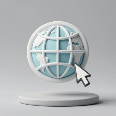 Soft clay 3D render of a floating globe icon with a clean cursor, minimal style, white and gray with subtle cyan shadow.
