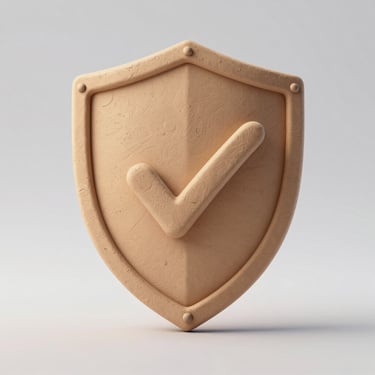 Soft clay-textured 3D illustration of a technical shield with a checkmark, clean minimalist style, gentle drop shadow, isolated on a light gray background