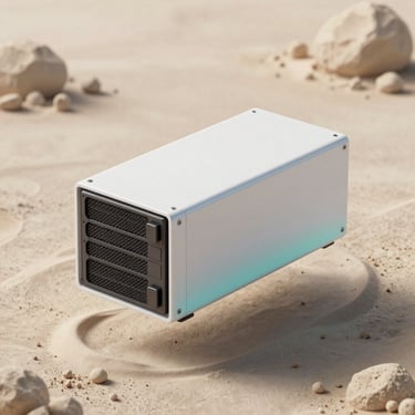 Soft clay 3D render of a floating server block with clean connections, minimal style, white and gray with subtle cyan shadow.
