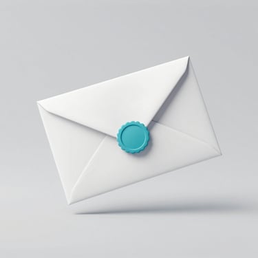 Soft clay-textured 3D illustration of a clean white envelope floating with a subtle cyan seal, gentle drop shadow, isolated on a light gray background