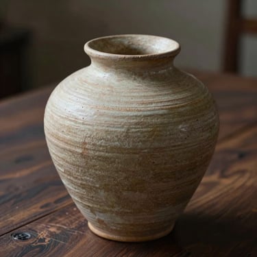 Close-up of a natural ceramic vessel sitting on a raw dark oak table, soft side lighting highlighting the organic texture and negative space