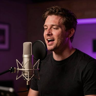 Professional male vocal coach singing into a studio microphone, warm dramatic lighting, shallow depth of field