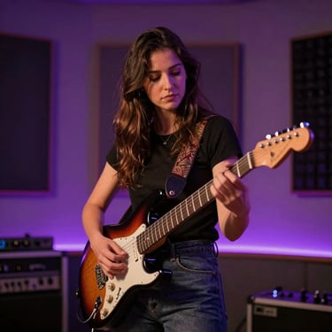 Female guitarist playing an electric guitar in a modern studio, warm key light, purple background glow