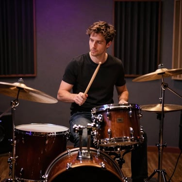 Male drummer sitting behind a drum kit in a professional studio, holding drumsticks, dramatic lighting