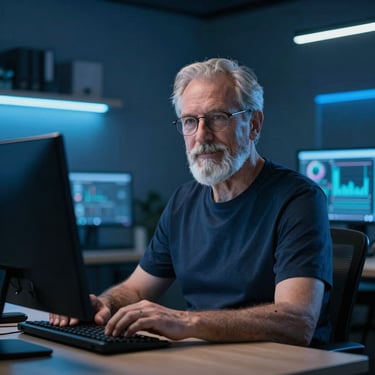 Focused portrait of a senior developer in a dark modern workspace, cool ambient blue backlighting, sharp focus, 35mm