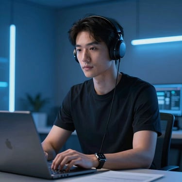 Portrait of a cloud infrastructure architect working, cool ambient studio lighting, deep blues, sharp focus, 35mm