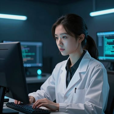 Candid portrait of a female AI researcher looking at code, low-key ambient studio lighting, neon-cyan accents, sharp focus, 35mm
