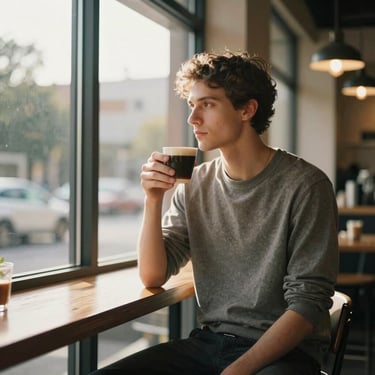 A young adult standing by a large window in a trendy North American / US coffee shop, looking thoughtfully at their coffee cup, warm afternoon light.