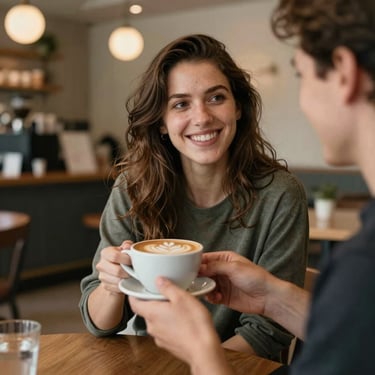 Candid lifestyle photography of a customer smiling while holding a latte with intricate art, set in a modern North American / US cafe with warm, elegant lighting.