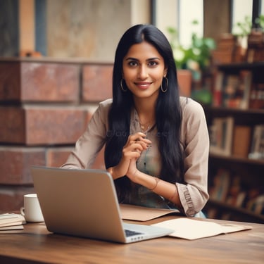 Smiling businesswoman reviewing marketing results on laptop in a bright office.