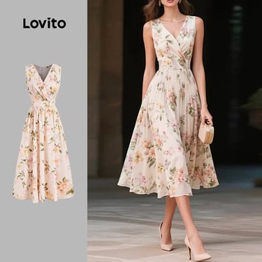 vestido elegante floral plissado na lovito shopee