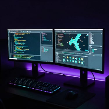A dark gaming setup with dual monitors showing high-contrast game code and level editors, neon teal ambient light.