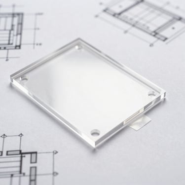 Close-up of a crystal-clear acrylic template with sharp laser-cut edges, protective film partially peeled, resting on a technical blueprint.