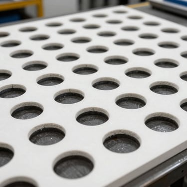 A technical composite sheet with intricate laser-cut circular apertures and slot patterns, industrial workbench environment.