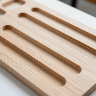 A precise oak wood routing guide with clean laser-cut slots, showing natural wood grain and crisp edges, bright overhead lighting.