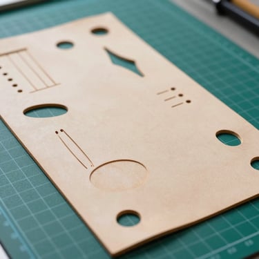 A thick vegetable-tanned leather template with laser-etched markings and cutouts, laying flat on a self-healing cutting mat.